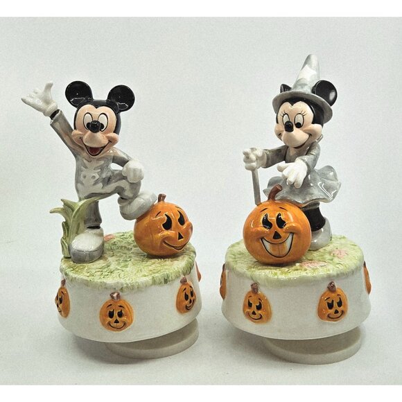 Mickey & Minnie Mouse Halloween Rotating Music Boxes With Jack-O-Lanterns & Spoo - Picture 1 of 10